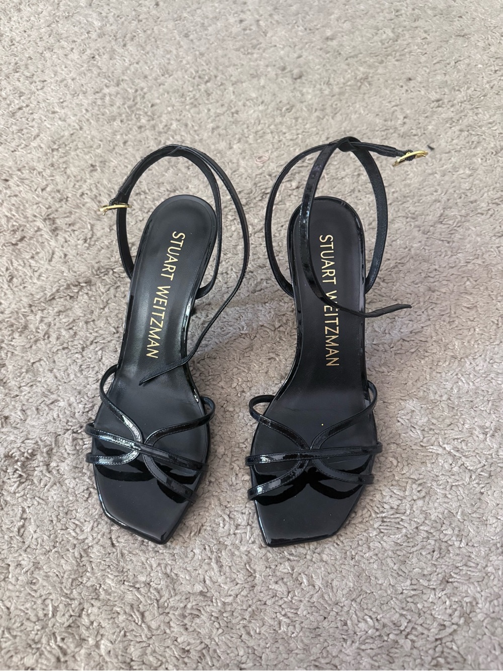 Stuart Weitzman Patent Black Strappy Slingback Heels